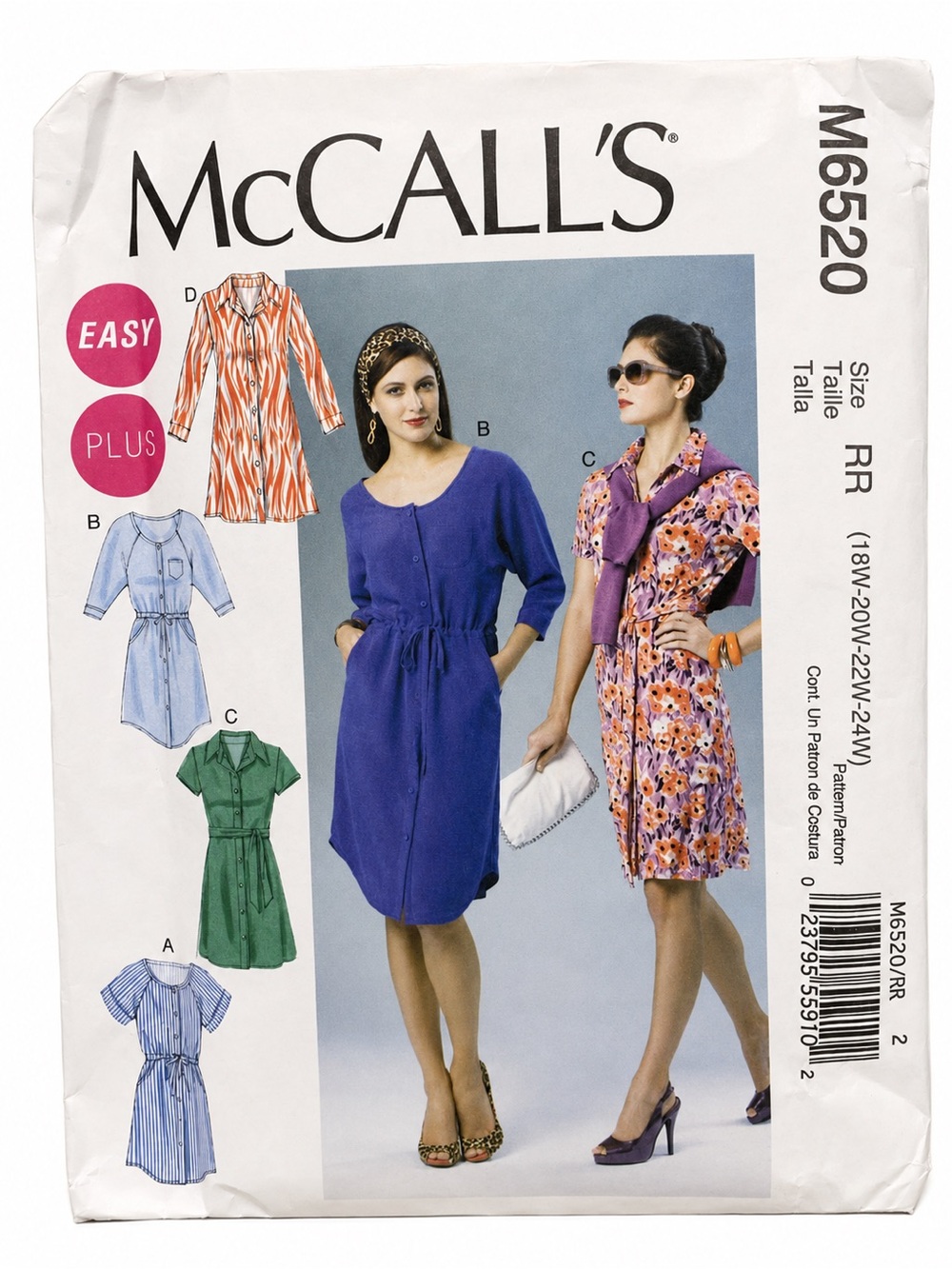 McCall’s M6520 Plus Size Shirt Dress Pattern 18W to 24W Uncut Complete